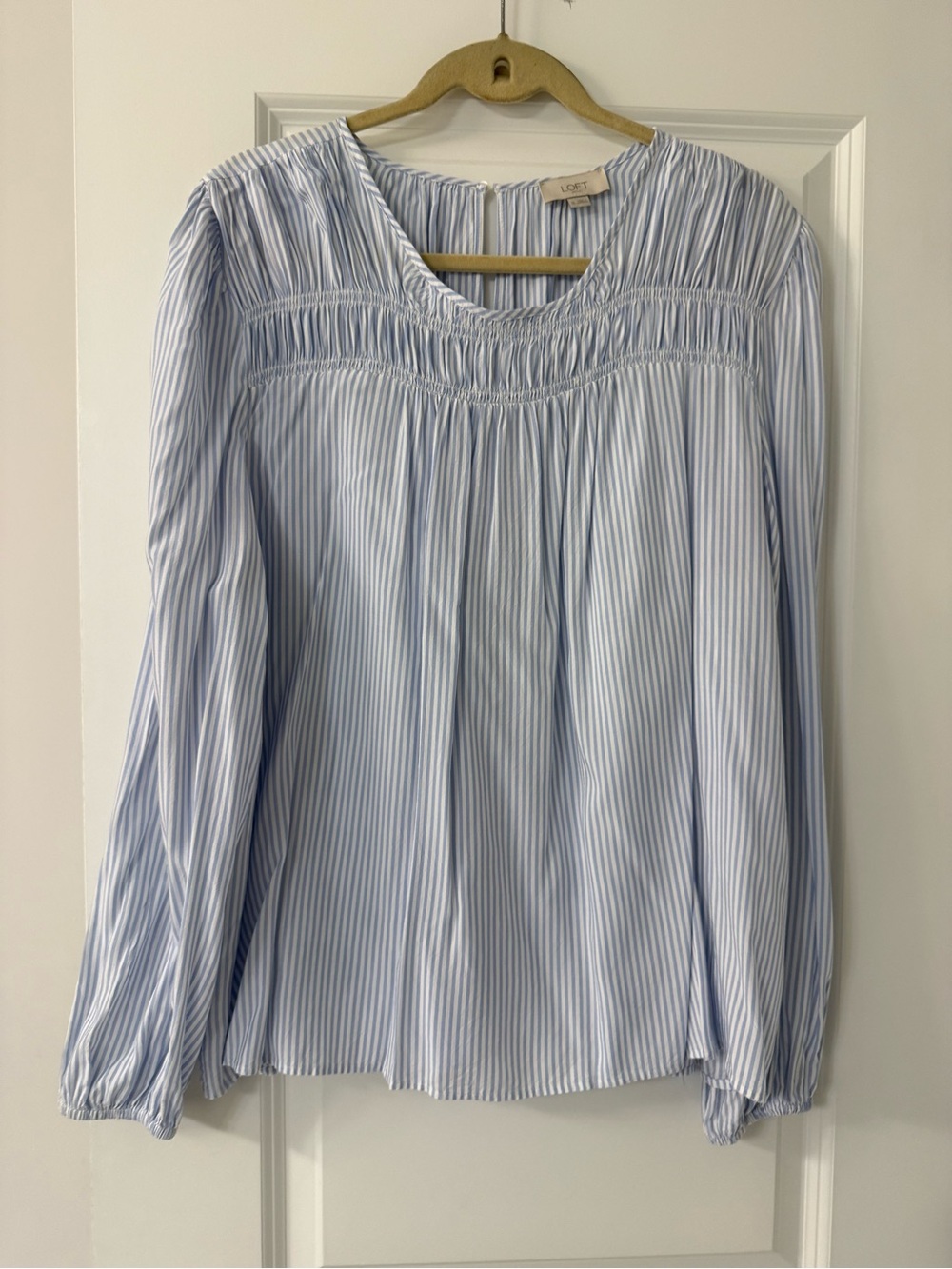 LOFT Blue and White Vertical-Stripe Smocked Yoke Blouse